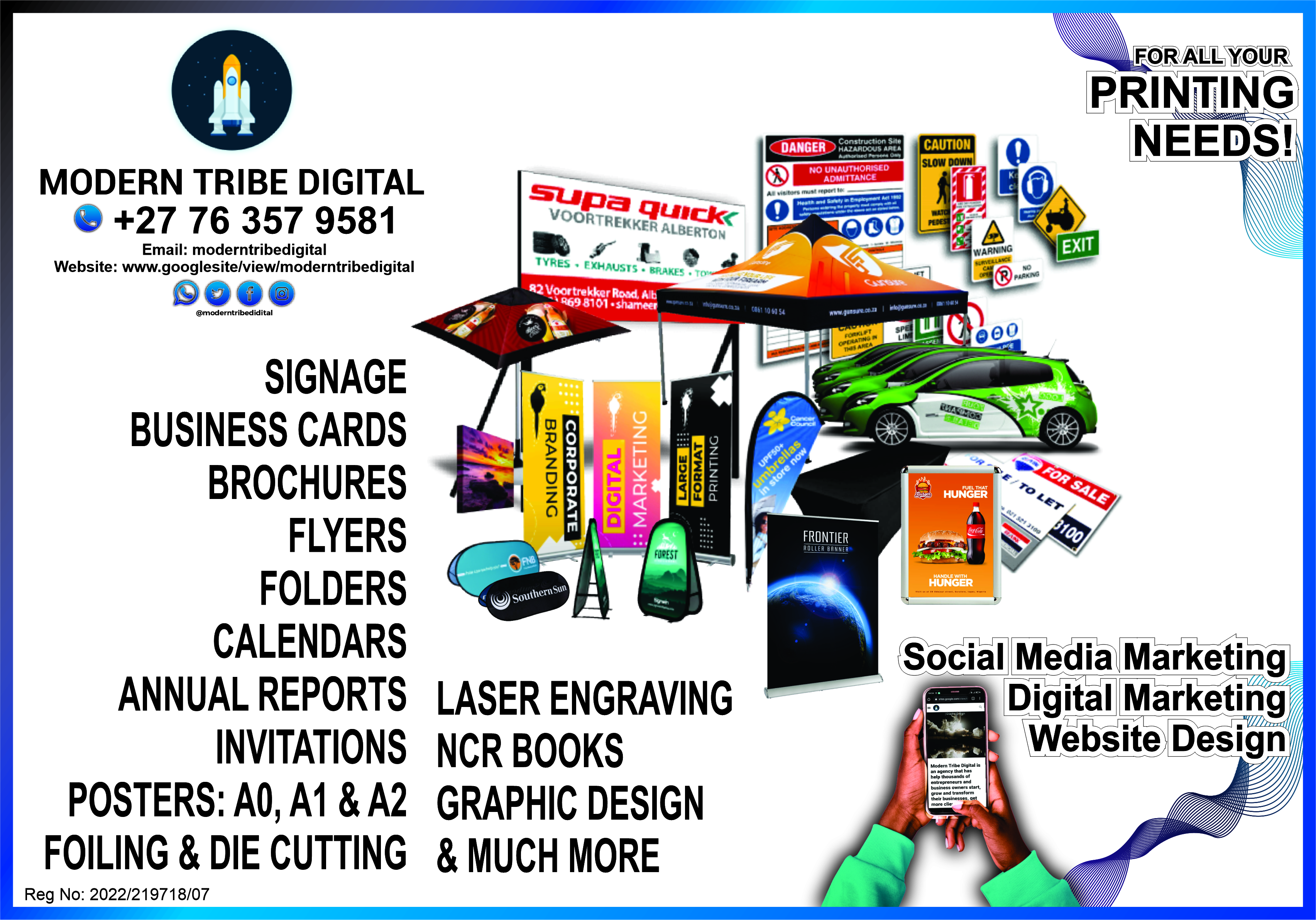 Digital Marketing | Advertising | Web Development & Design | Design | Print | Signage | SEO | App Development | Investment | & Much more...  We other products well suited to assist your business in all areas. From our different departments of team of experts we can help you start your business,  register your business give your business branding and market your business to ensure that your business meets its targets and goals.  Be design and print anything. Business Cards, flyers, posters, calen